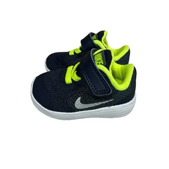 Nike Revolution 3 Baby Boys Sneakers Athletic Shoes Navy Blue Neon Yellow Sz 2C - Picture 3 of 9
